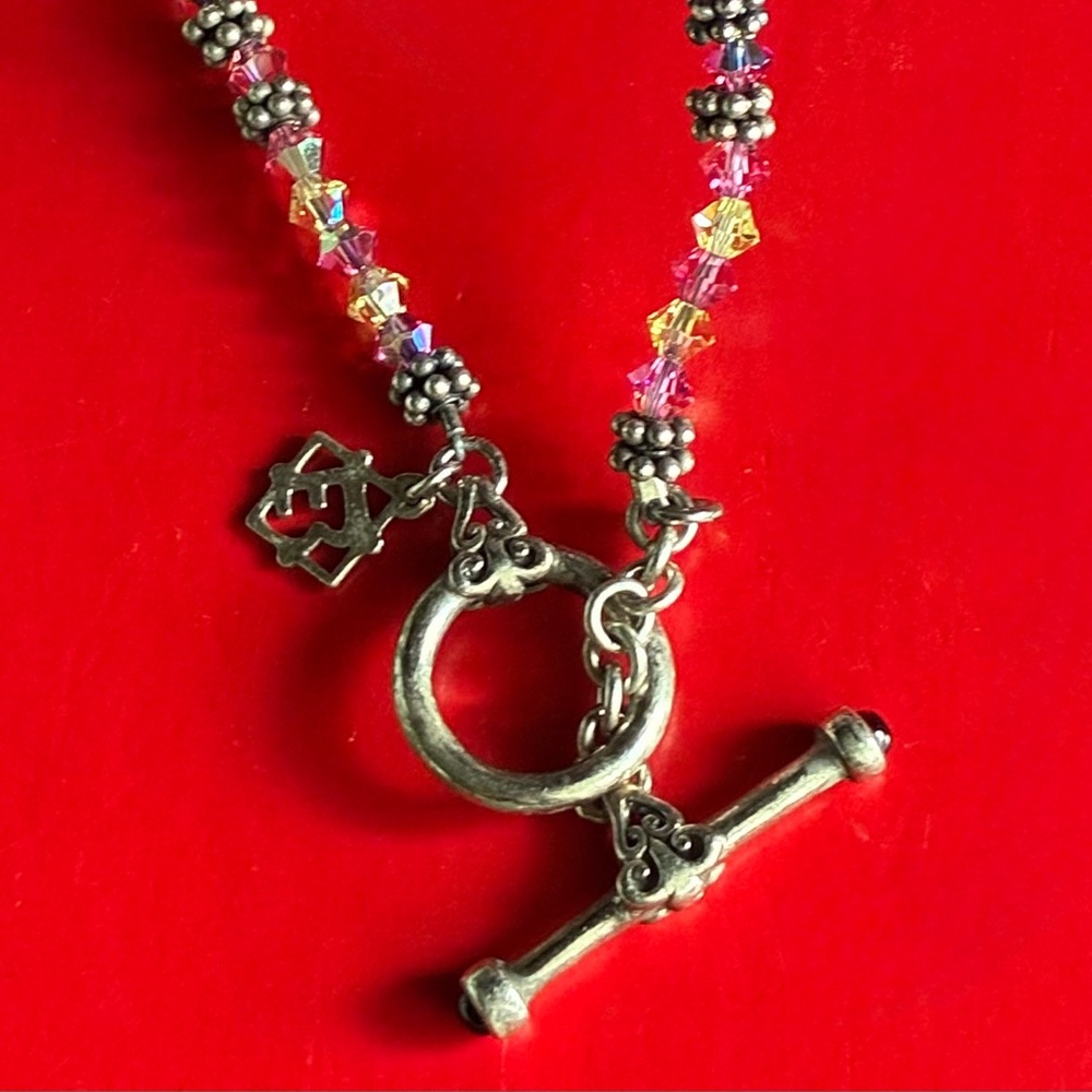 925 Silver Necklace,Pink and Yellow Crystal Bead Necklace with Silver Accents - Picture 5 of 10
